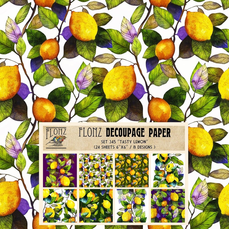 Decoupage Paper Pack (24 Sheets 6"x6") Tasty Lemon # Vintage Styled Pattern Paper for Decoupage, Craft and Scrapbooking